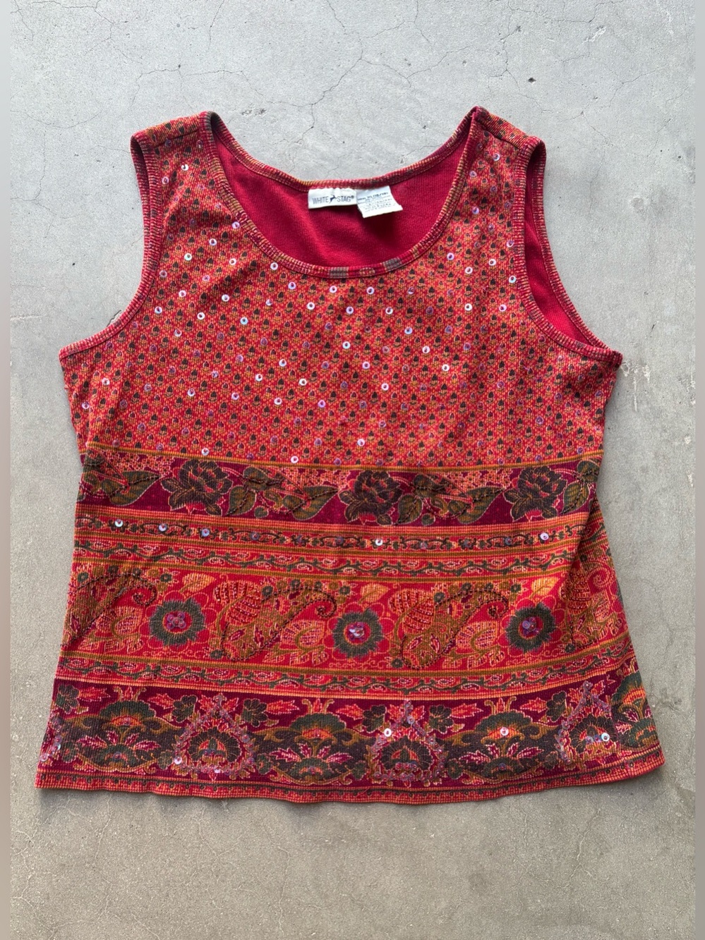 Vintage White Stag Y2K Sequined Floral Paisley Tank Top Cotton Red XL 16/18